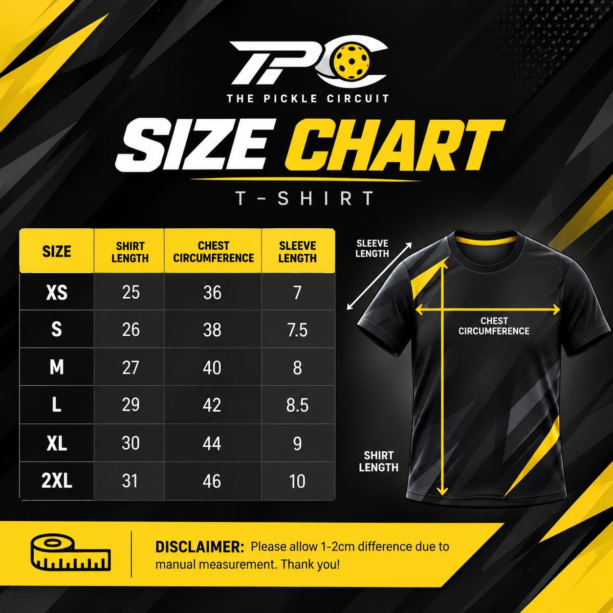 The Pickle Circuit T-shirt size chart